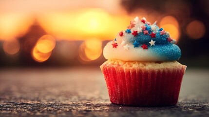 Red, white, and blue cupcake with star sprinkles, celebrating American Independence Day with festive joy.
