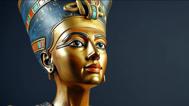 This striking video showcases a statue of an ancient egyptian female pharaoh adorned in traditional attire and striking a regal pose. The intricate details depict her status and cultural significance.