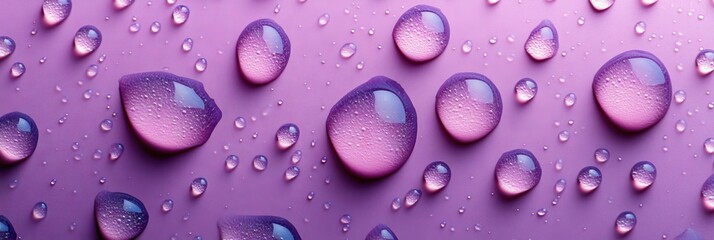 Close-up view of water drops on a purple surface.