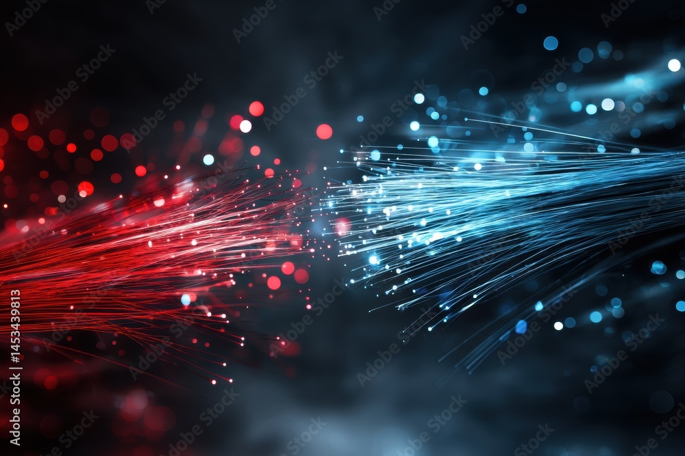 Poster Hands Pulling Apart Glowing Fiber Optics in Shades of Red and Blue Against a Dark Background Creating a Vivid Visual Effect Generative AI