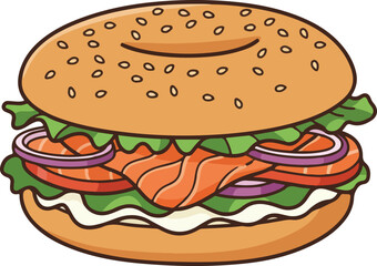 A cartoon bagel sandwich is illustrated, topped with sesame seeds and filled with green lettuce, salmon slices, purple onion rings, and a white sauce.