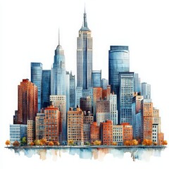 Vibrant Watercolor Panorama of a Cityscape, Expressing Urban Energy