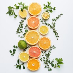 Fresh citrus fruits and herbs arrangement minimalist setting food photography natural light aesthetic presentation