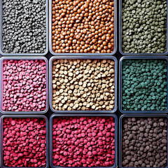 Arrangement of colorful circular objects in square containers displaying variety and texture