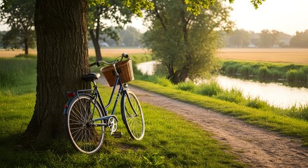 Obraz premium Serene Sunset Bicycle Ride by the River: A Peaceful Countryside Evening