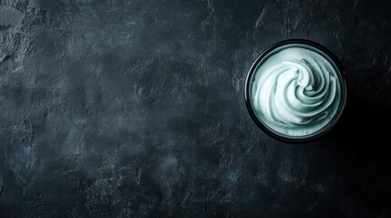 Overhead shot of a blue dessert bowl on a dark textured background.