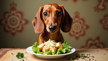 Dachshund looks at caesar salad background geometry