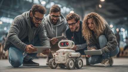 Group of Friends Engaging with Small Robot in Creative Workspace