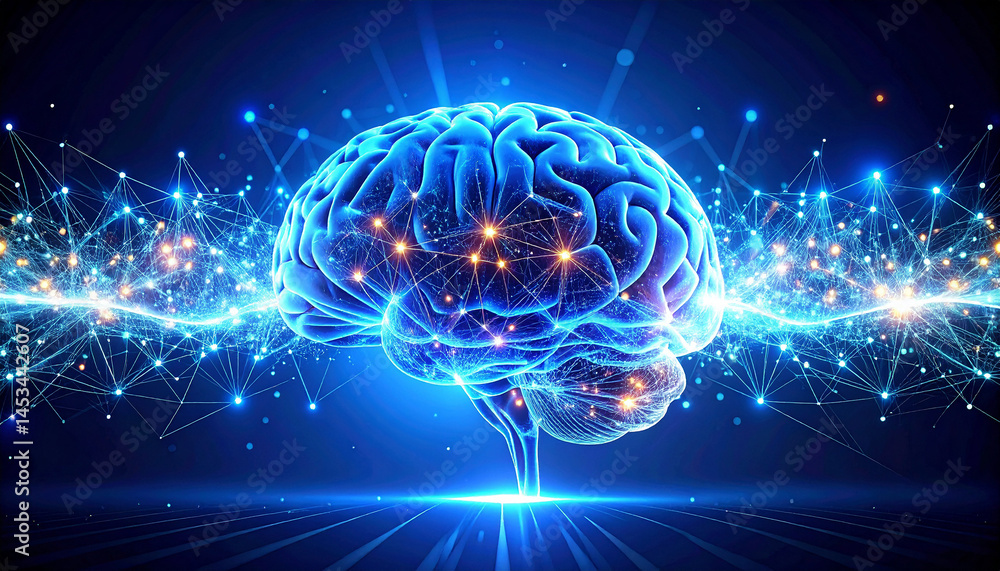 Poster brain connectivity and intelligence: a high-tech image of a luminous brain, overlaid with intricate 