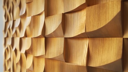 Sculpted wooden paneling with geometric patterns and warm natural tones creating depth