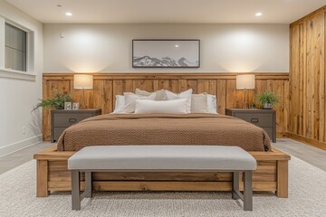 Modern rustic bedroom interior with a cozy ambiance.