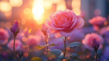 Pink rose sunset garden bloom.