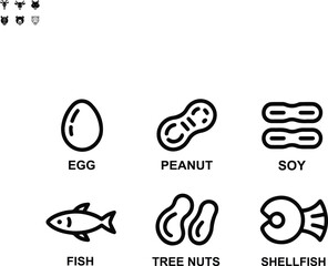 Food Allergy Icons Set – Egg, Peanut, Soy, Fish, Tree Nuts, Shellfish Allergy Symbols.