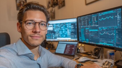 Professional Male Analyst Working at Desk with Multiple Computer Screens