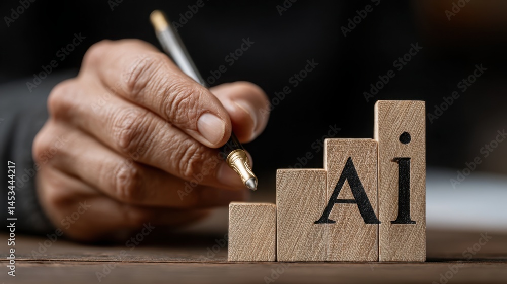Poster a person intently writing on wooden blocks in a creative workspace highlighting the role of ai in sm