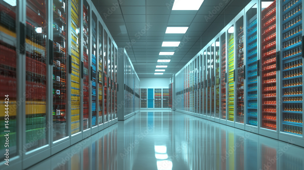 Aufkleber Modern data center corridor with rows of illuminated server racks, reflective floor, and bright ceiling lights, showcasing advanced technology and secure digital infrastructure