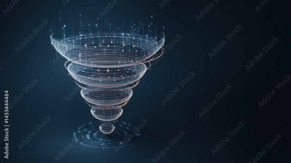 Poster a beautiful funnel of light representing the process of ai-guided wealth creation and the flow of op