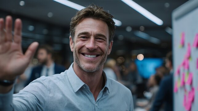 Happy business man waving during corporate meeting in modern office