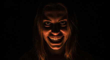 Creepy Woman Smiling in the Dark with Intense Eyes and Expression