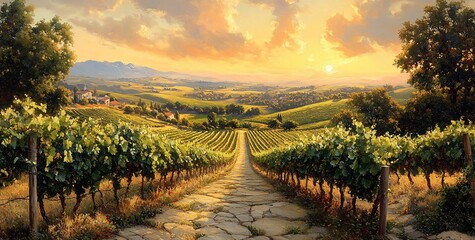 Fototapeta premium Terraced vineyard bathed in golden sunlight evokes rustic charm. Ideal for wine promotions, autumn events, travel ads. Weingut an der hessischen bergstraße.