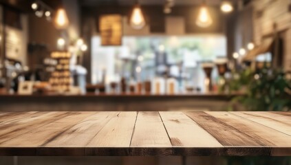 Wooden Tabletop in Blurred Coffee Shop Background