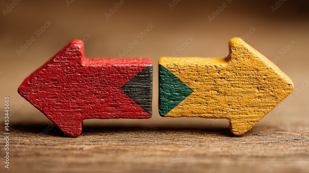 Poster two wooden arrows displaying asymmetrical design to illustrate unbalanced reaction in conceptual ico