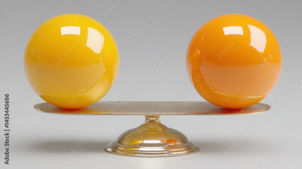 Poster two eggs positioned on a scale demonstrating asymmetrical reaction concept for unbalanced representa
