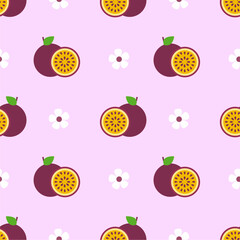Passion fruit seamless pattern on blue background. Vector illustration of passion fruit.