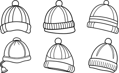 Set of warm hat outline vector illustration, line art
