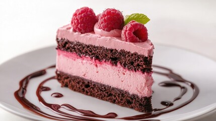 Chocolate Cake with Raspberry Topping and Chocolate Sauce