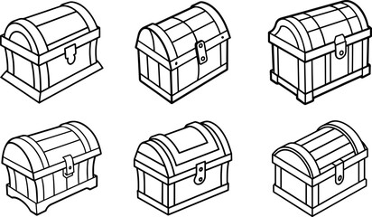 Set of wooden chest outline vector illustration, line art