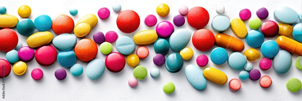 Leinwandbilder Colorful Assorted Pills Scattered on Bright White Background Creating an Engaging Visual Display of Various Shapes and Sizes Generative AI