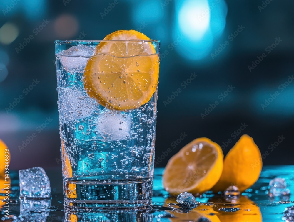Poster refreshing lemonade with ice cubes on a shiny surface against a blurred blue background