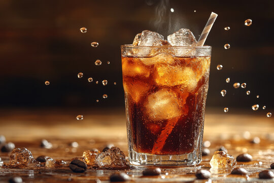 Glass of cola with ice cubes.