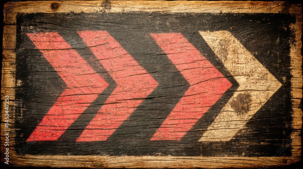 Poster a rustic wooden sign featuring a bold red arrow pointing in a specific direction against a natural b