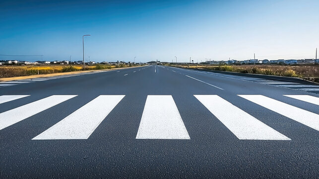 Empty road pedestrian crossing clear sky asphalt urban area daytime perspective view street transportation outdoors calm atmosphere
