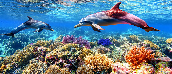 Obraz premium Colorful Coral Reef With Dolphins Underwater