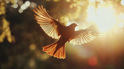 Fototapeta premium Dove soars in sunlight embodying freedom and peace.
