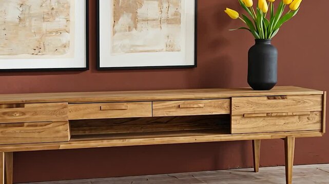 Mid-century modern oak sideboard with artwork and tulips. Interior design, home decor