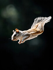 A graceful squirrel leaps through the air, showcasing its agility and poise against a dark, blurred background.