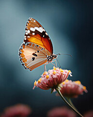 Obraz premium A breathtaking close-up of a monarch butterfly gracefully perched on vibrant blossoms, showcasing its stunning orange and black wings against a soft, blurred background.
