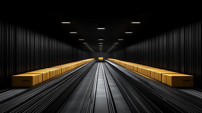 Illuminated Conveyor System Transporting Packages Inside a Dark Warehouse
