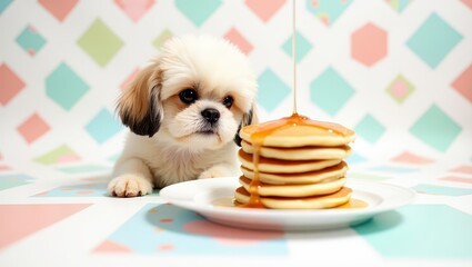 Shih Tzu looks at pancakes background geometry