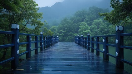 Obraz premium Rainy Bridge with Misty Mountain Lake.
