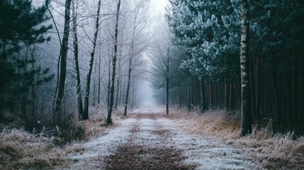 Snowy path through a winter forest with frosted trees and fog.