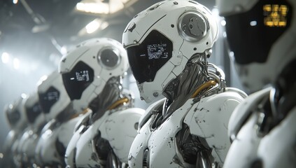 Fototapeta premium Awaiting Activation: An army of advanced humanoid robots stand in formation, their sleek white exteriors reflecting the dim industrial light. A sense of anticipation hangs heavy in the air.