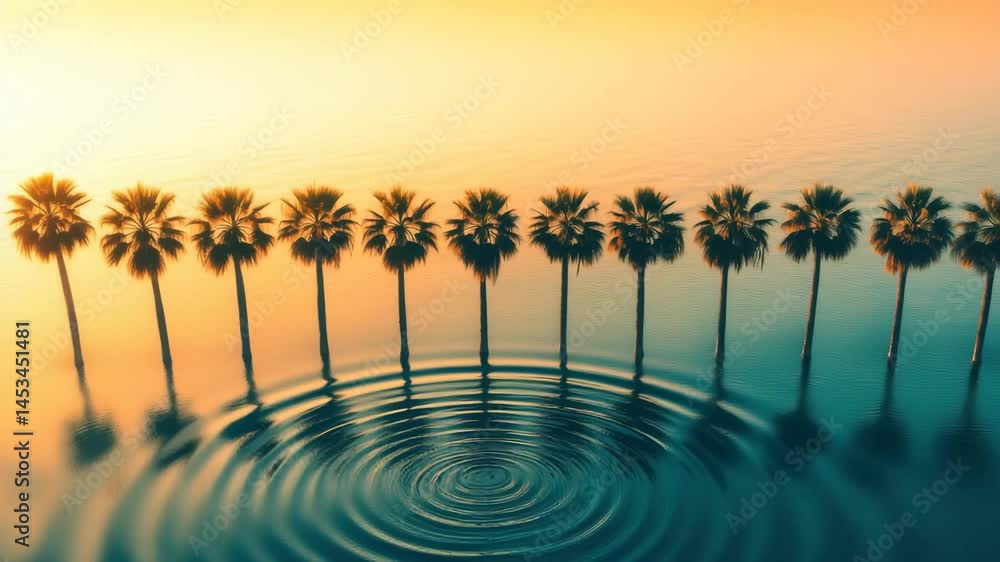 Poster aerial view of palm trees lined up at sunset reflecting in calm waters, aerial shot of a row of palm