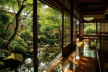 Japanese ryokan traditional inn with a tranquil garden view, Japanese ryokan traditional inn with a tranquil garden view background, AI generated