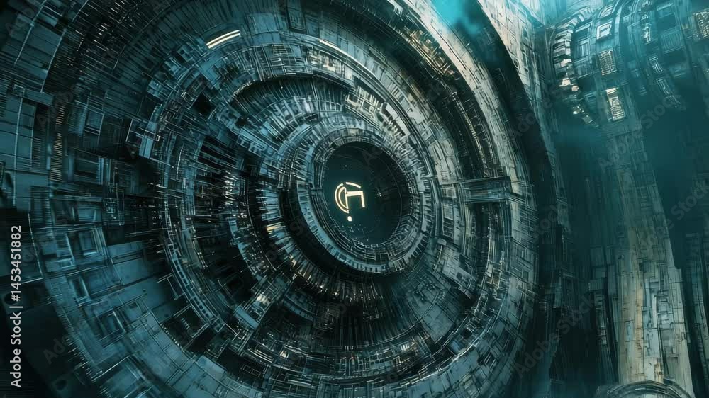 Poster mathematical data processing illustrates intricate cogs in a futuristic digital environment, mathema