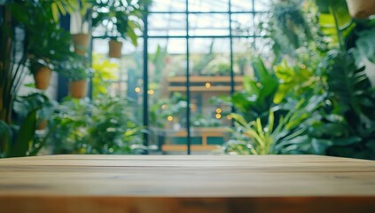 Serene Wooden Tabletop in Lush Tropical Greenhouse